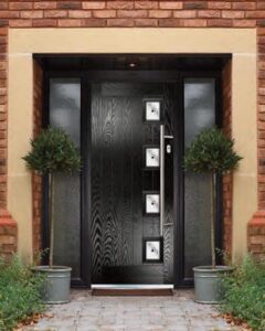 Black Xtreme composite door with square glazing installed in a home entrance, featuring a sleek modern design.