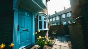 A pastel blue composite front door with symmetrical panels and chrome fixtures on a modern British home, framed by blooming spring flowers. This image showcases Vista Panels' stylish and durable composite doors, ideal for enhancing a home’s entrance.